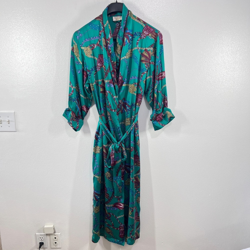 Vintage Victorias Secret Silk Robe Small Green Tassel Chain Print 90s Loungewear
